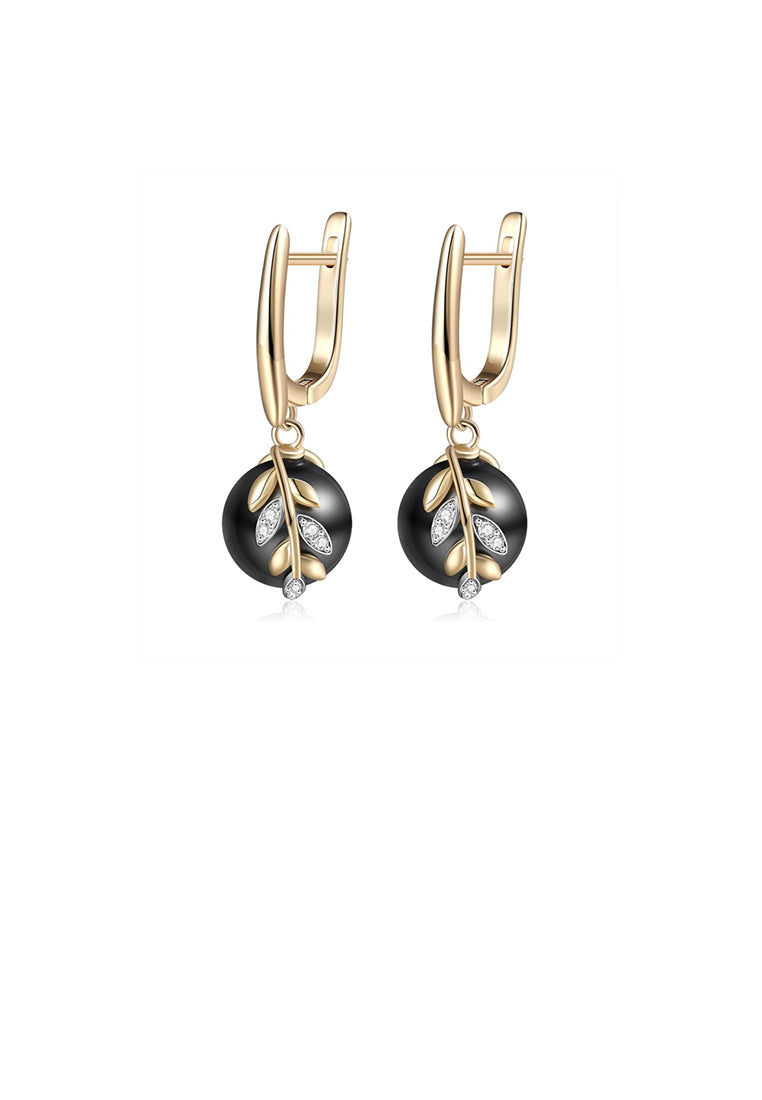 Fashion and Elegant Plated Gold Leaf Imitation Pearl Earrings with Cubic Zirconia - Luxurious Look