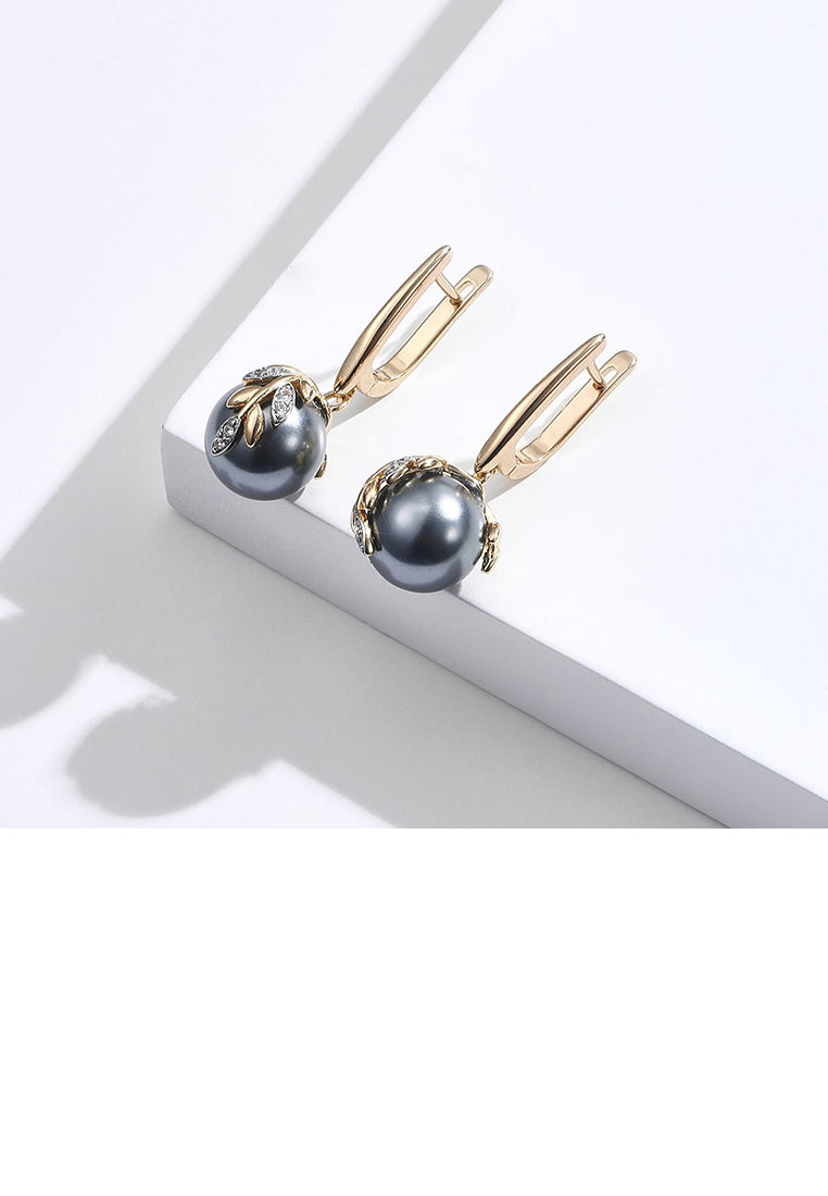 Fashion and Elegant Plated Gold Leaf Imitation Pearl Earrings with Cubic Zirconia - Luxurious Look