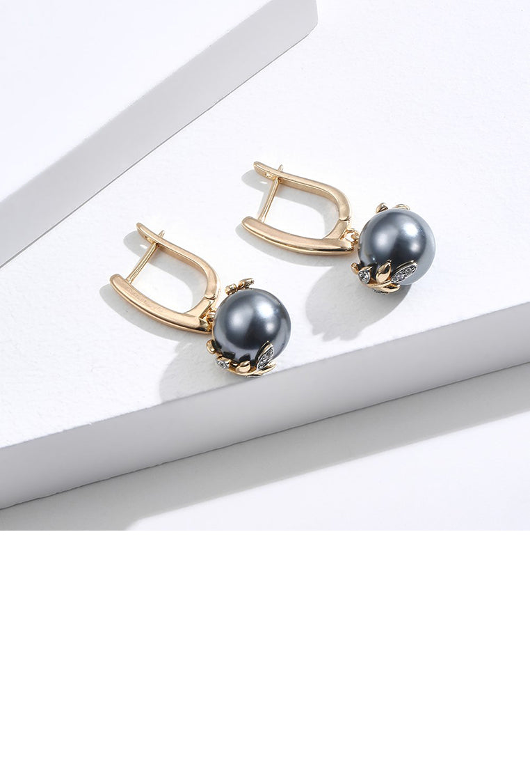 Fashion and Elegant Plated Gold Leaf Imitation Pearl Earrings with Cubic Zirconia - Luxurious Look