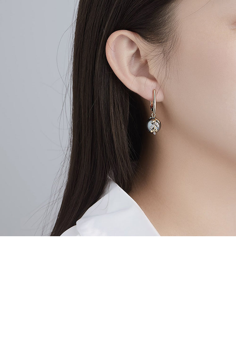 Fashion and Elegant Plated Gold Leaf Imitation Pearl Earrings with Cubic Zirconia - Luxurious Look