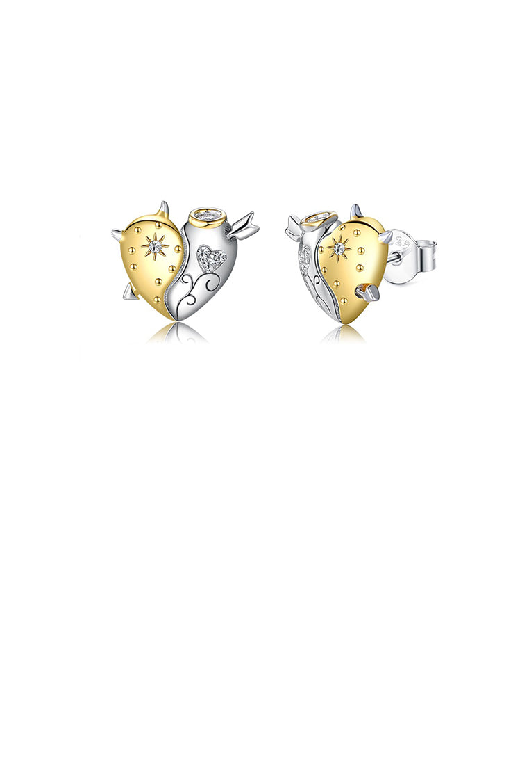 925 Sterling Silver Simple and Personalized Two-tone Heart-shaped Stud Earrings with Cubic Zirconia - Luxurious Look