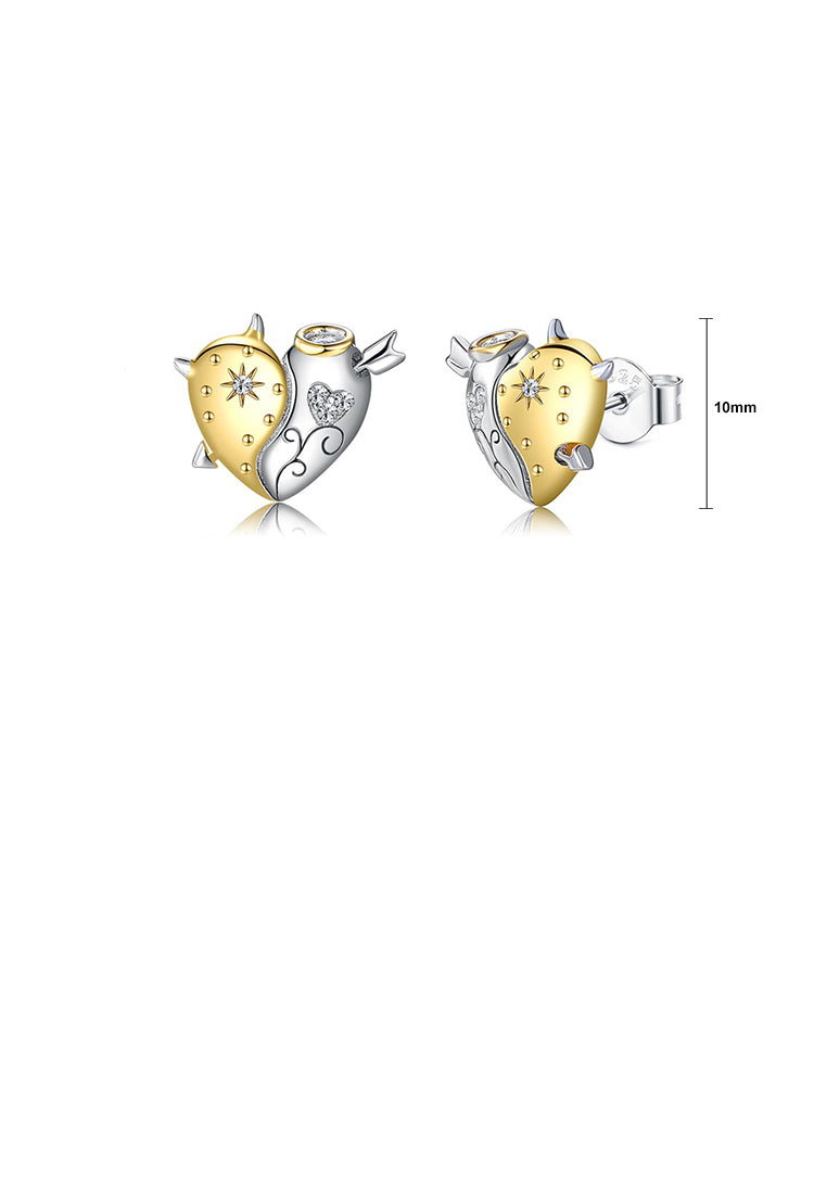 925 Sterling Silver Simple and Personalized Two-tone Heart-shaped Stud Earrings with Cubic Zirconia - Luxurious Look