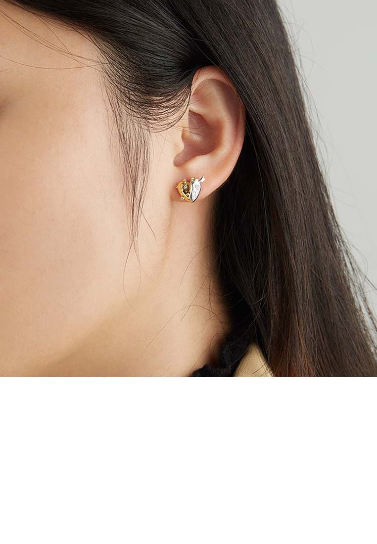 925 Sterling Silver Simple and Personalized Two-tone Heart-shaped Stud Earrings with Cubic Zirconia - Luxurious Look