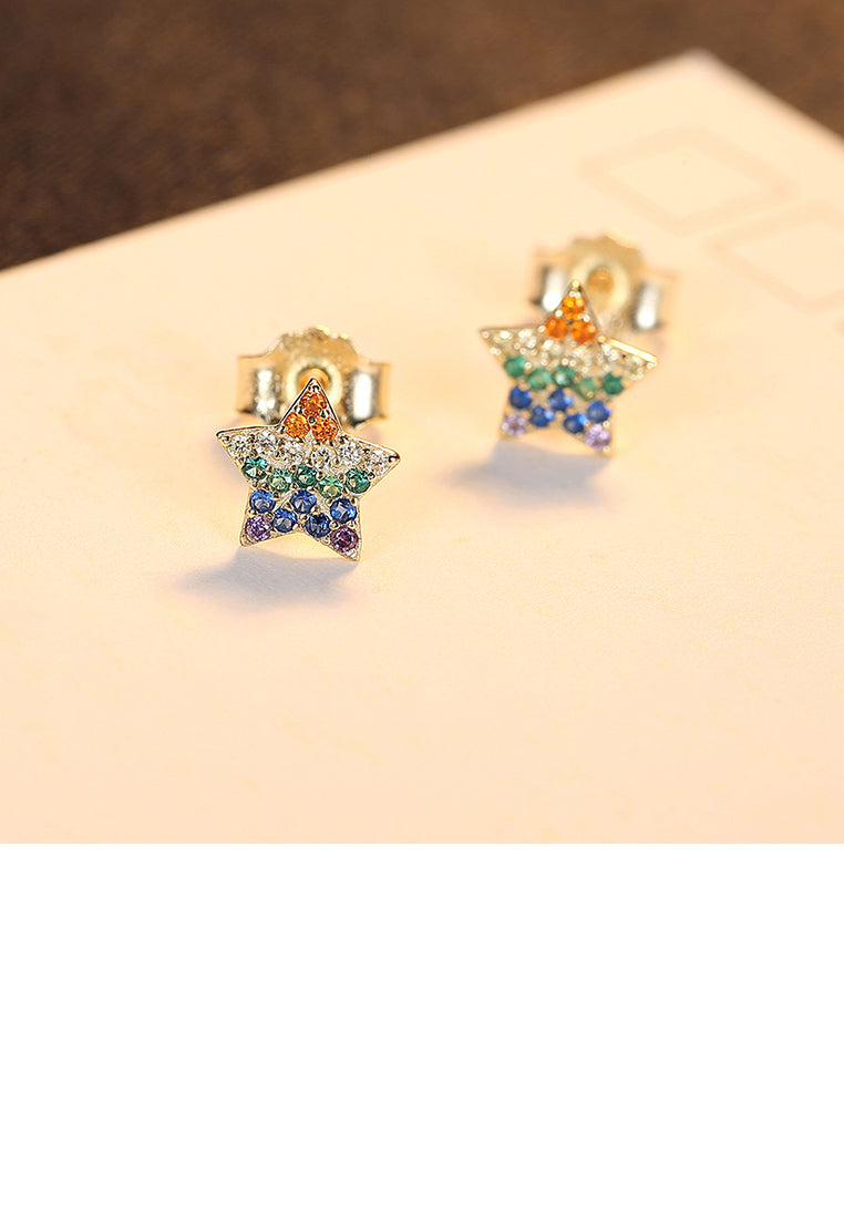 925 Sterling Silver Plated Gold Simple Bright Star Stud Earrings with Colorful Cubic Zirconia - Luxurious Look