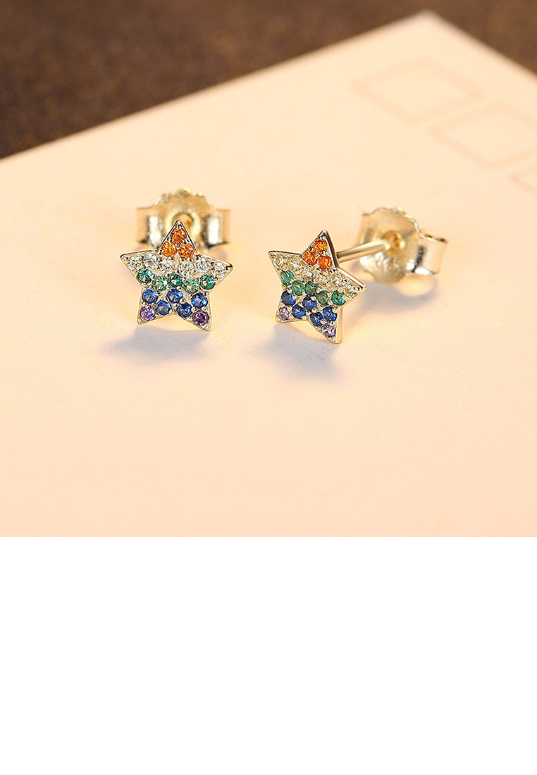 925 Sterling Silver Plated Gold Simple Bright Star Stud Earrings with Colorful Cubic Zirconia - Luxurious Look