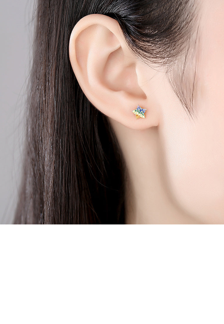 925 Sterling Silver Plated Gold Simple Bright Star Stud Earrings with Colorful Cubic Zirconia - Luxurious Look