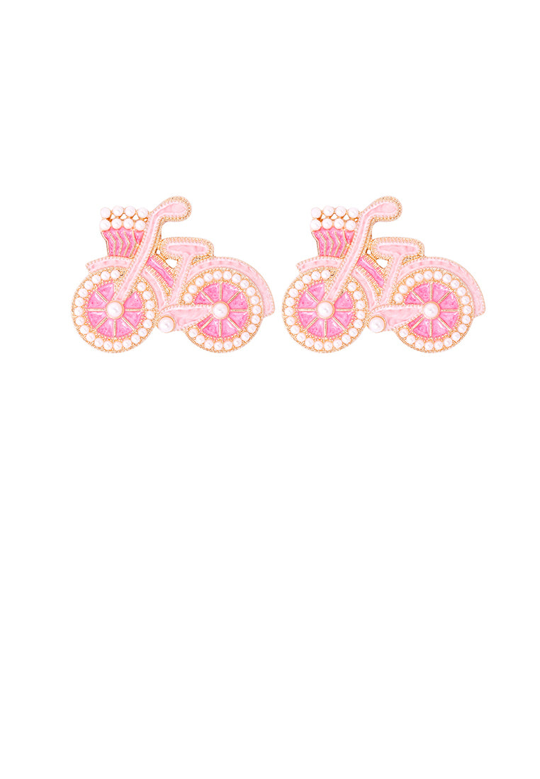 Fashion and Creative Plated Gold Enamel Pink Bicycle Stud Earrings with Imitation Pearls - Vibrant Color