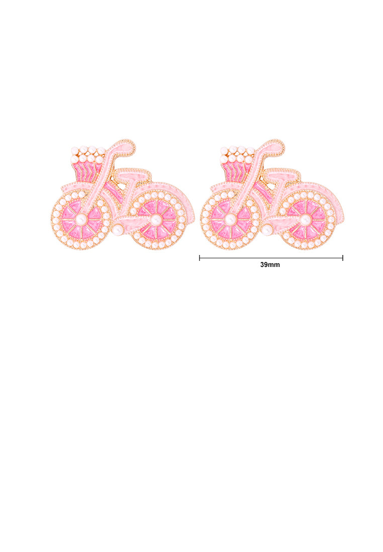 Fashion and Creative Plated Gold Enamel Pink Bicycle Stud Earrings with Imitation Pearls - Vibrant Color