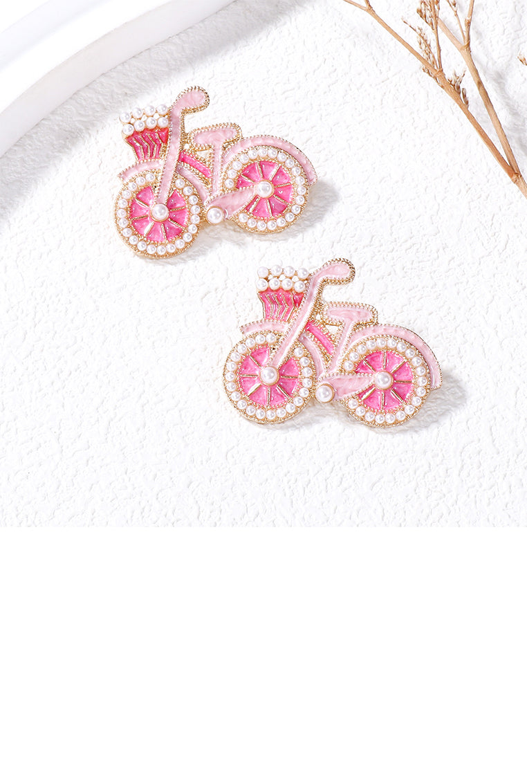 Fashion and Creative Plated Gold Enamel Pink Bicycle Stud Earrings with Imitation Pearls - Vibrant Color