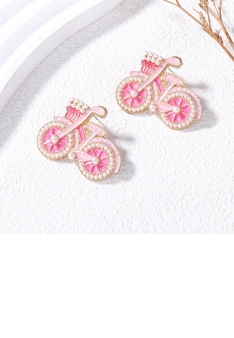 Fashion and Creative Plated Gold Enamel Pink Bicycle Stud Earrings with Imitation Pearls - Vibrant Color