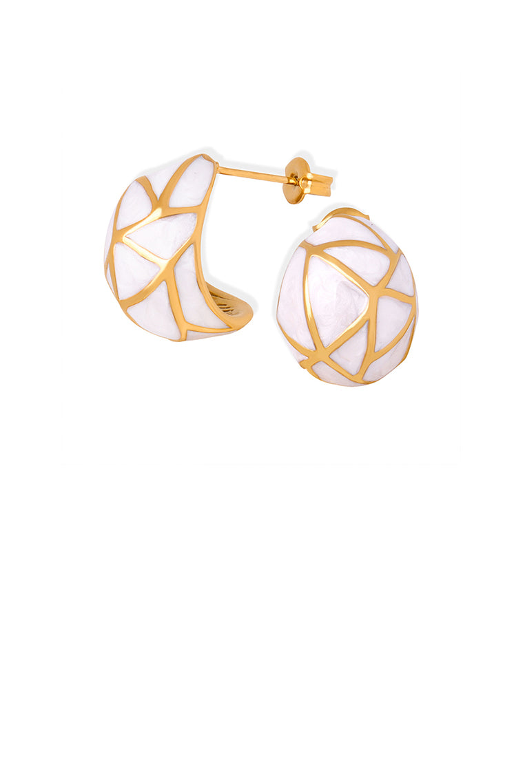 Fashion and Elegant Plated Gold 316L Stainless Steel Line Enamel White Geometric Stud Earrings