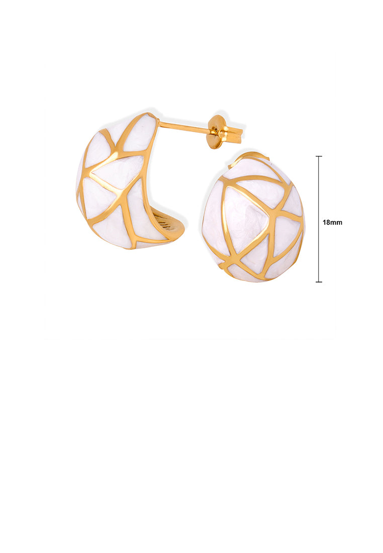 Fashion and Elegant Plated Gold 316L Stainless Steel Line Enamel White Geometric Stud Earrings