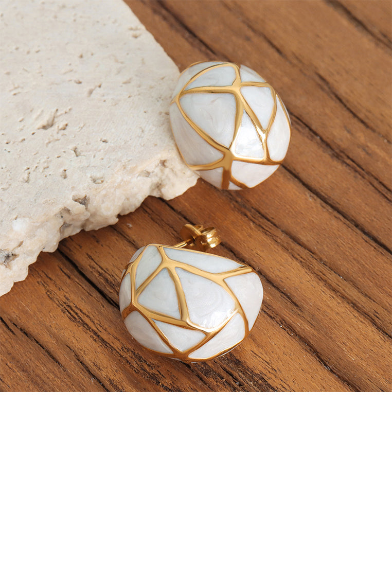 Fashion and Elegant Plated Gold 316L Stainless Steel Line Enamel White Geometric Stud Earrings