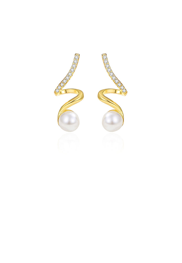 925 Sterling Silver Plated Gold Fashion Simple Line Geometric Imitation Pearl Earrings with Cubic Zirconia - Luxurious Look