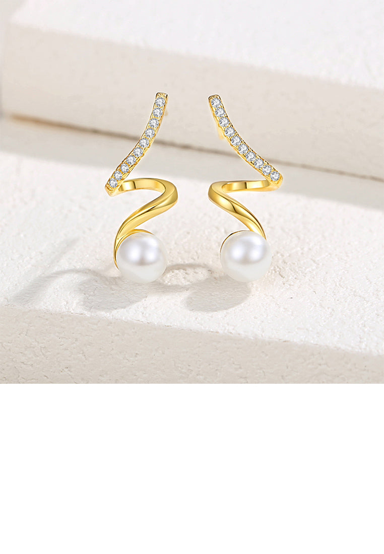 925 Sterling Silver Plated Gold Fashion Simple Line Geometric Imitation Pearl Earrings with Cubic Zirconia - Luxurious Look