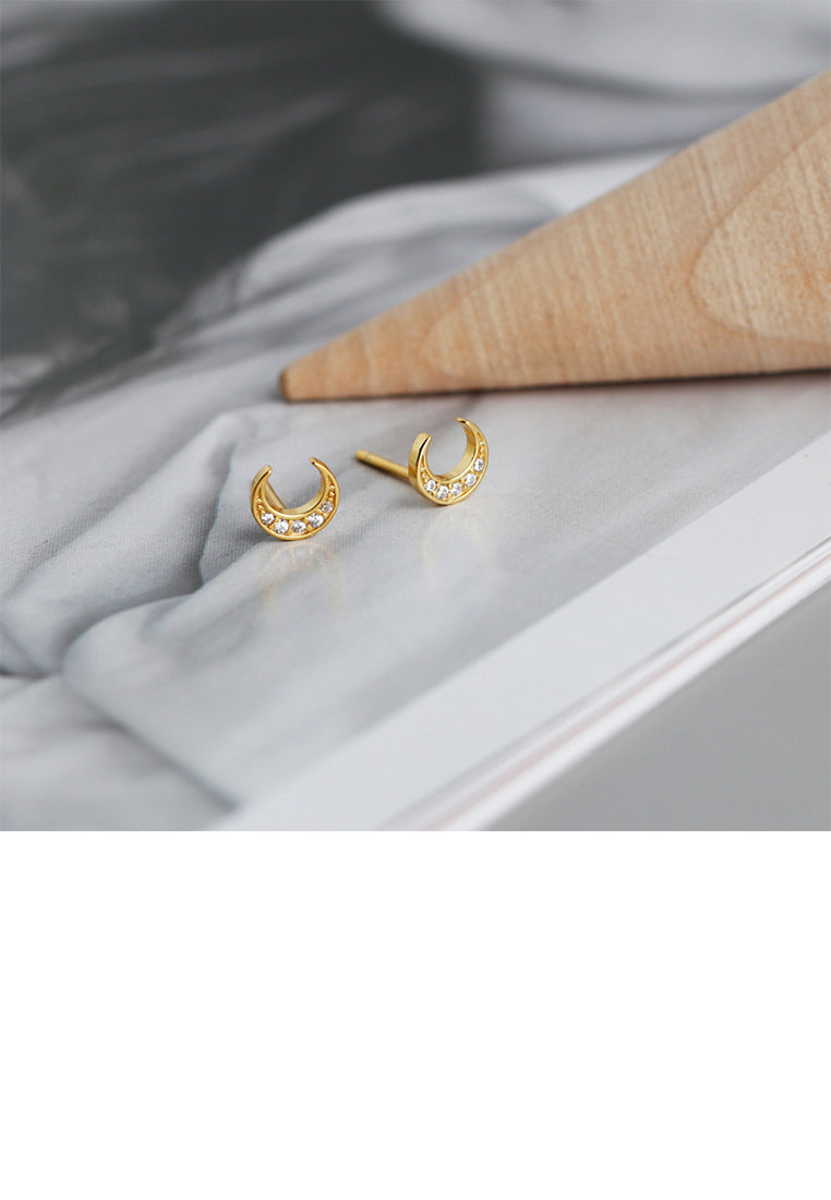 925 Sterling Silver Plated Gold Simple Fashion Moon Stud Earrings with Cubic Zirconia - Luxurious Look