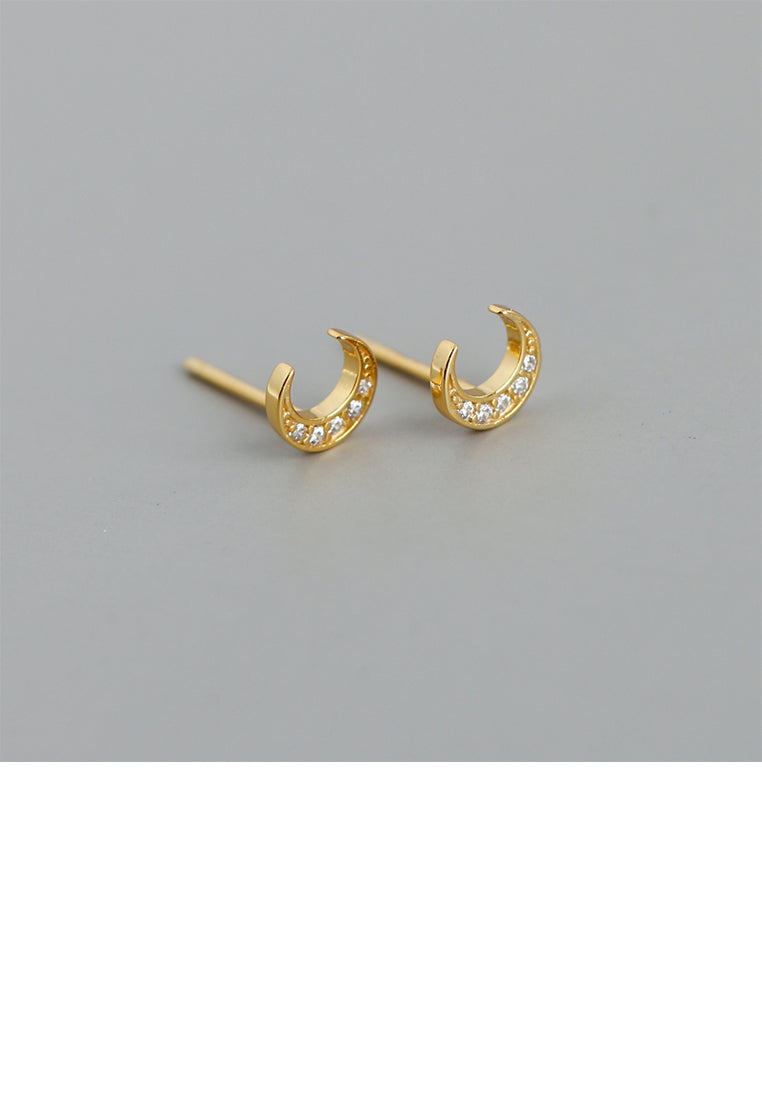 925 Sterling Silver Plated Gold Simple Fashion Moon Stud Earrings with Cubic Zirconia - Luxurious Look