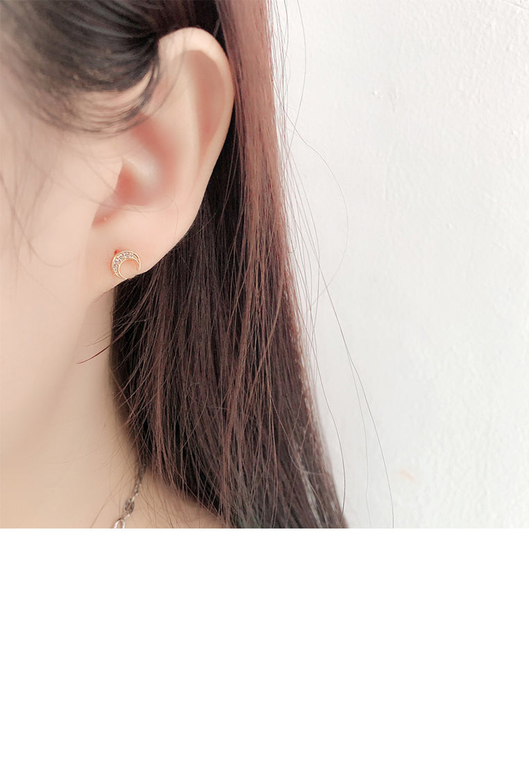 925 Sterling Silver Plated Gold Simple Fashion Moon Stud Earrings with Cubic Zirconia - Luxurious Look