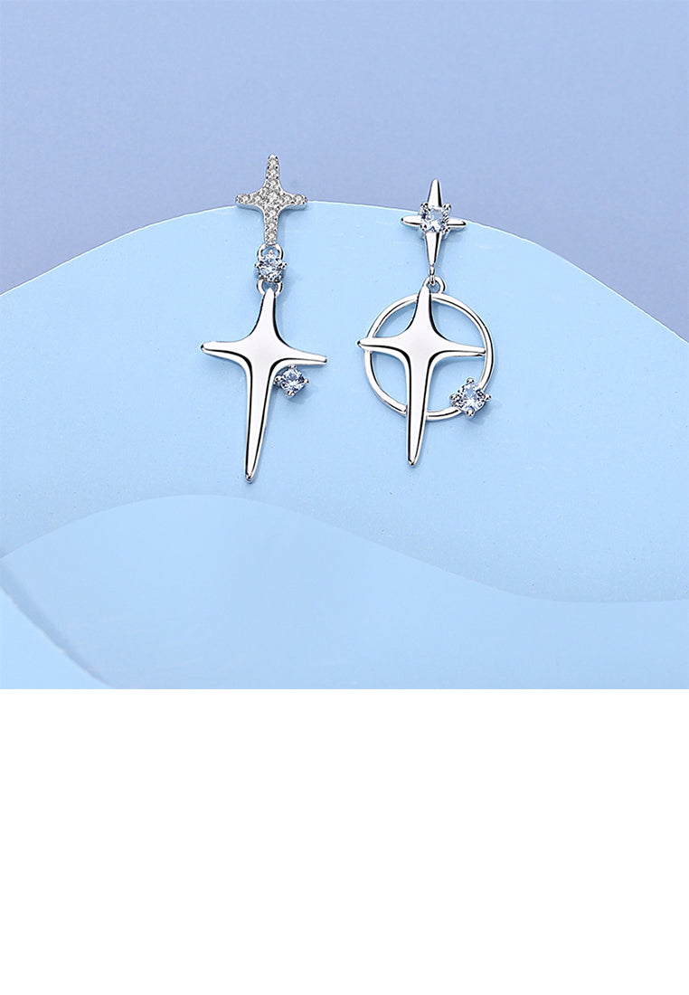 925 Sterling Silver Simple Personality Cross Circle Asymmetric Earrings with Cubic Zirconia - Luxurious Look