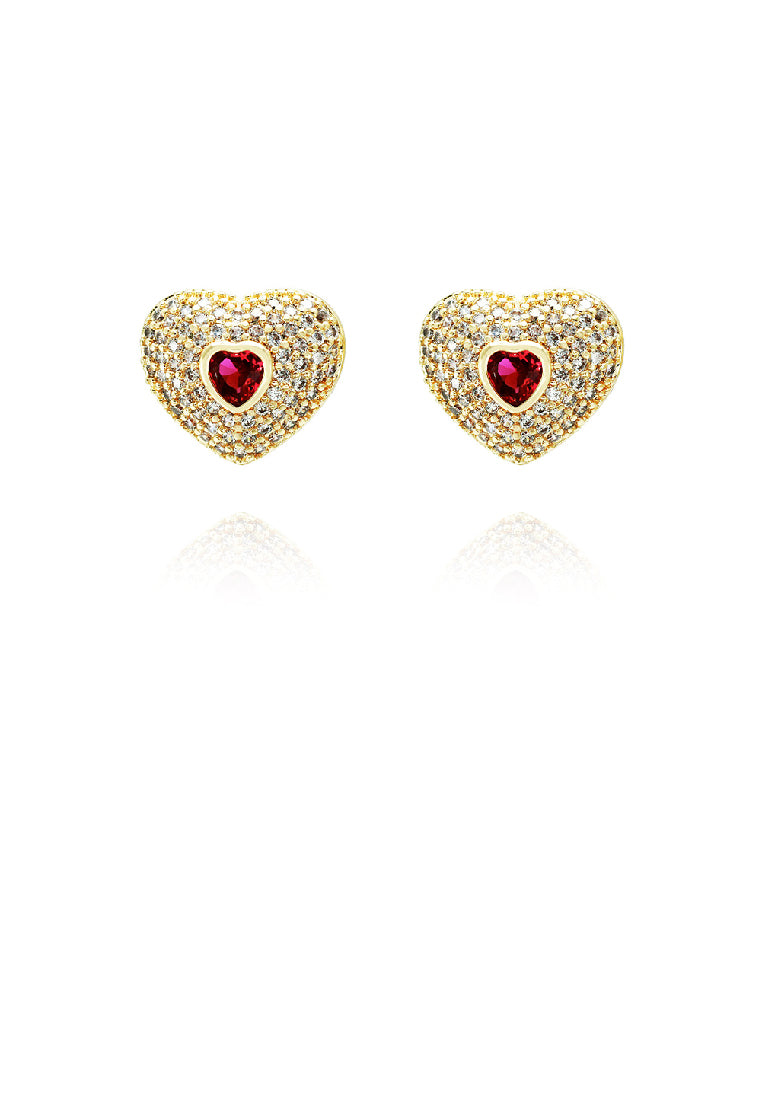 Fashion Brilliant Plated Gold Heart Stud Earrings with Red Cubic Zirconia - Luxurious Look - Vibrant Color