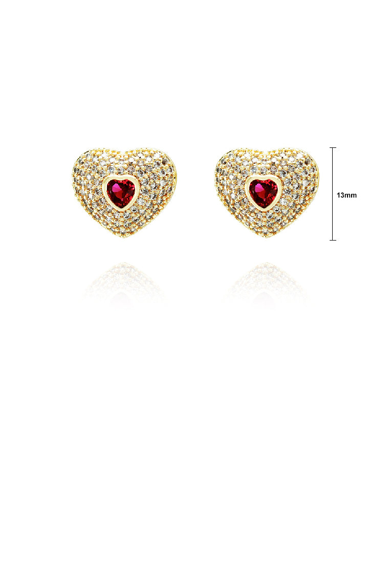 Fashion Brilliant Plated Gold Heart Stud Earrings with Red Cubic Zirconia - Luxurious Look - Vibrant Color