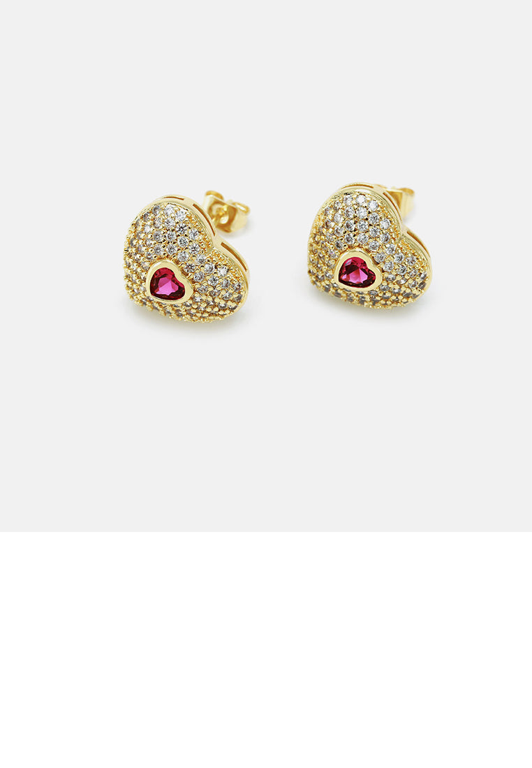 Fashion Brilliant Plated Gold Heart Stud Earrings with Red Cubic Zirconia - Luxurious Look - Vibrant Color