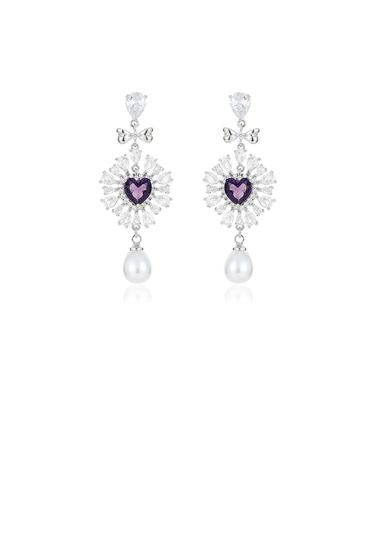 Fashion and Elegant Purple Heart Water Drop Imitation Pearl Earrings with Cubic Zirconia - Luxurious Look