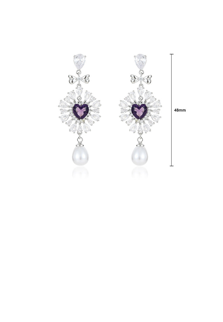 Fashion and Elegant Purple Heart Water Drop Imitation Pearl Earrings with Cubic Zirconia - Luxurious Look