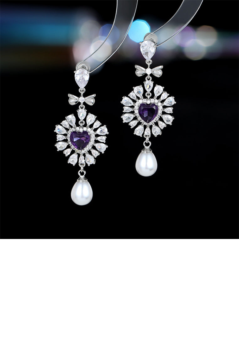 Fashion and Elegant Purple Heart Water Drop Imitation Pearl Earrings with Cubic Zirconia - Luxurious Look
