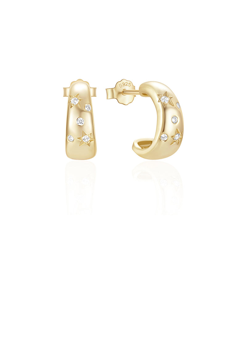 925 Sterling Silver Plated Gold Simple Fashion Star Pattern C-shaped Geometric Stud Earrings with Cubic Zirconia - Luxurious Look