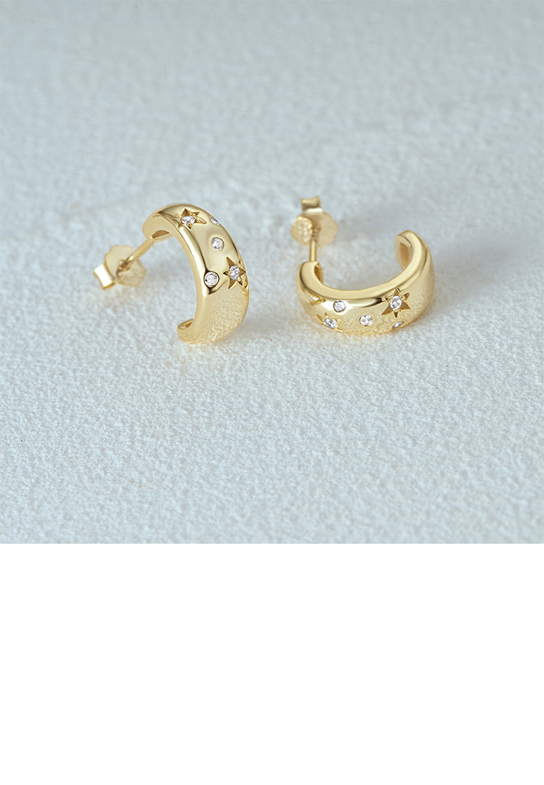 925 Sterling Silver Plated Gold Simple Fashion Star Pattern C-shaped Geometric Stud Earrings with Cubic Zirconia - Luxurious Look