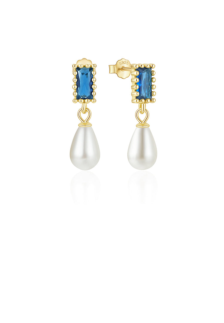 925 Sterling Silver Plated Gold Fashion and Elegant Water Drop-shaped Imitation Pearl Square Earrings with Blue Cubic Zirconia - Luxurious Look
