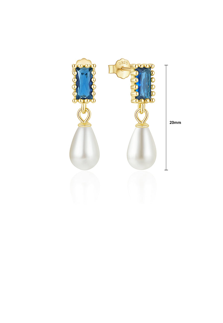 925 Sterling Silver Plated Gold Fashion and Elegant Water Drop-shaped Imitation Pearl Square Earrings with Blue Cubic Zirconia - Luxurious Look