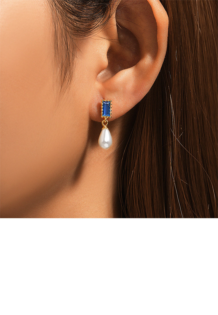 925 Sterling Silver Plated Gold Fashion and Elegant Water Drop-shaped Imitation Pearl Square Earrings with Blue Cubic Zirconia - Luxurious Look