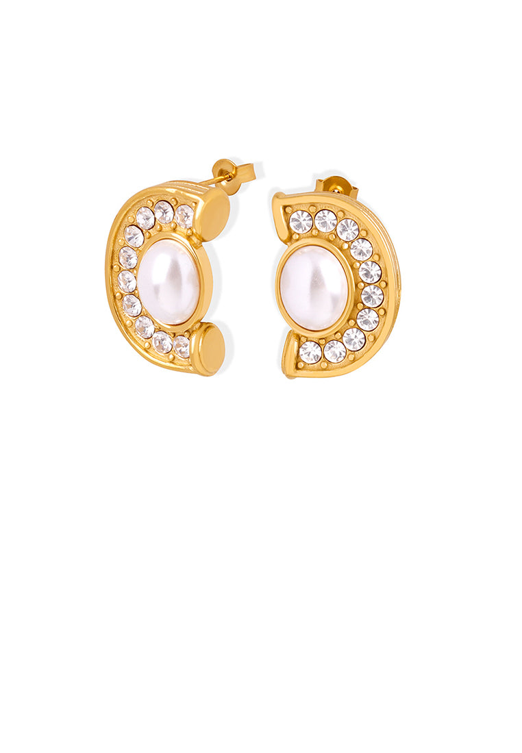 Fashion and Elegant Plated Gold 316L Stainless Steel Half Round Imitation Pearl Stud Earrings with Cubic Zirconia - Luxurious Look