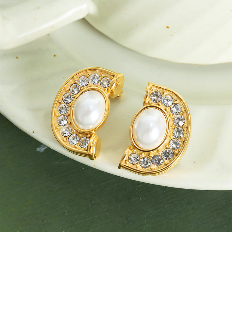 Fashion and Elegant Plated Gold 316L Stainless Steel Half Round Imitation Pearl Stud Earrings with Cubic Zirconia - Luxurious Look