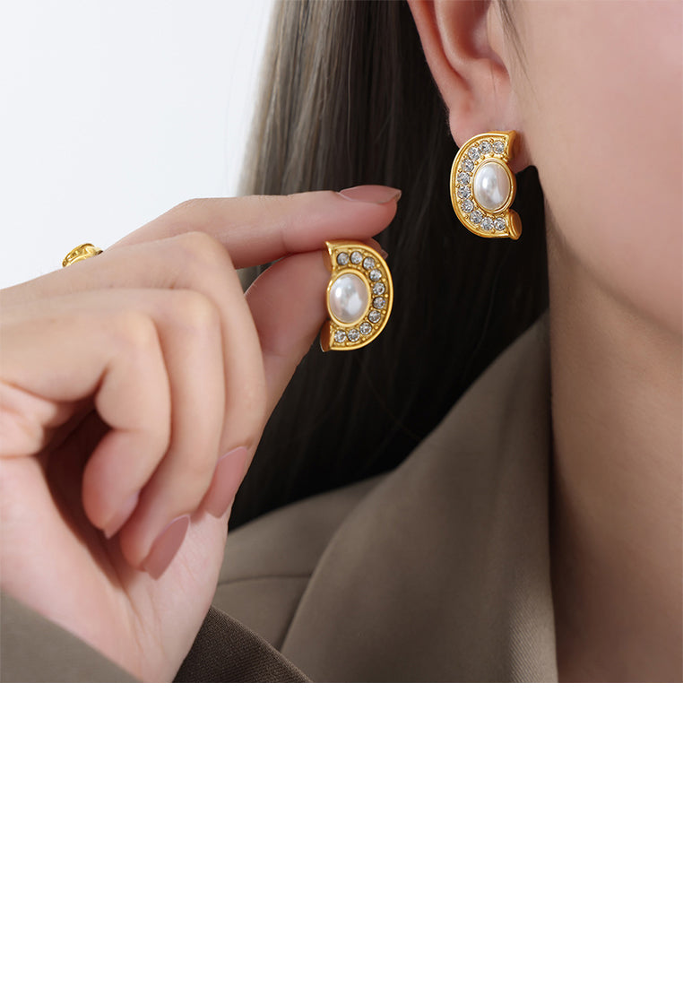 Fashion and Elegant Plated Gold 316L Stainless Steel Half Round Imitation Pearl Stud Earrings with Cubic Zirconia - Luxurious Look