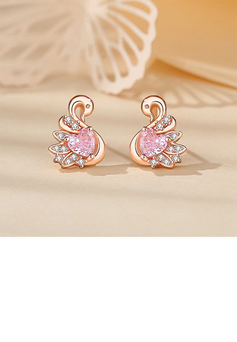 925 Sterling Silver Plated Rose Gold Simple Elegant Swan Stud Earrings with Cubic Zirconia - Luxurious Look