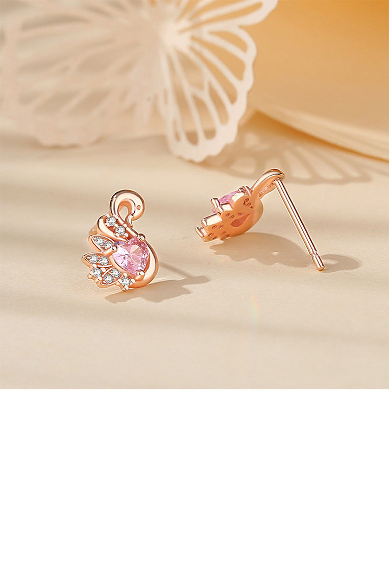 925 Sterling Silver Plated Rose Gold Simple Elegant Swan Stud Earrings with Cubic Zirconia - Luxurious Look