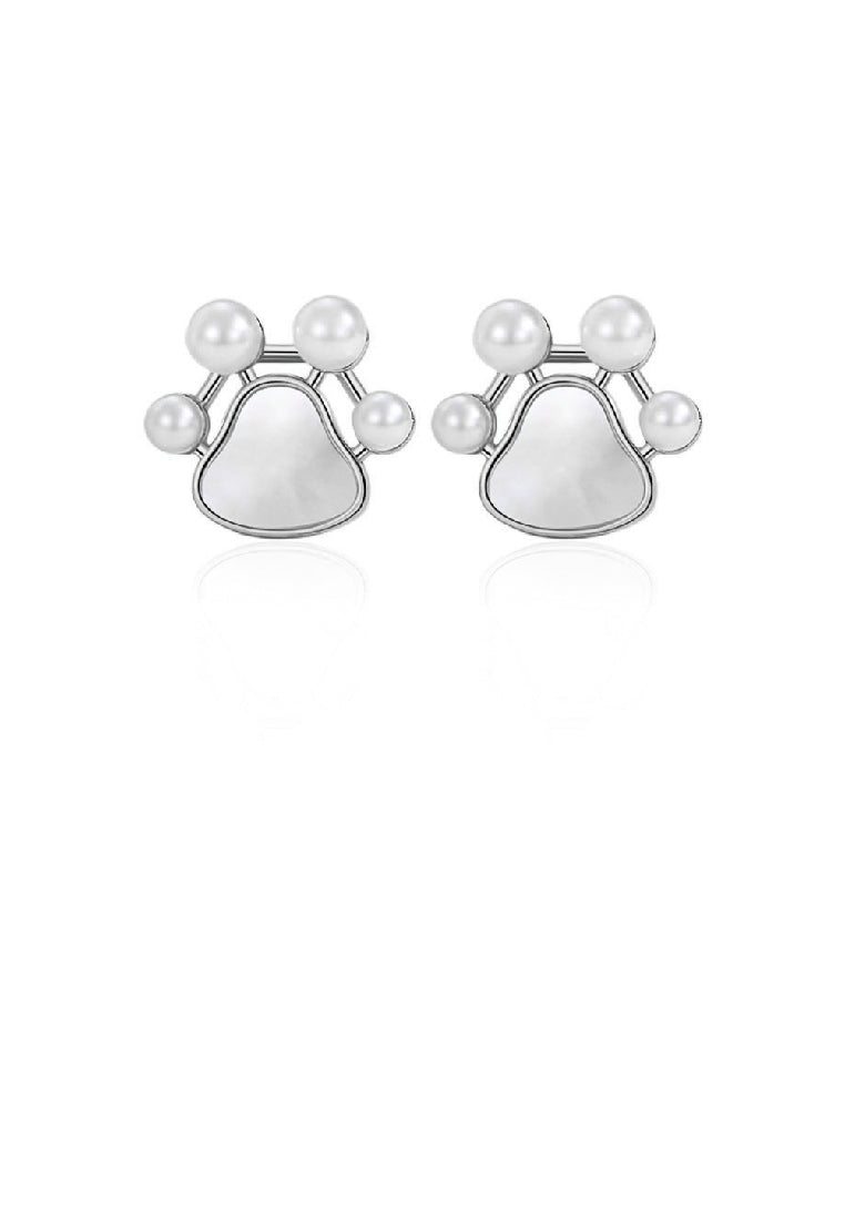 925 Sterling Silver Simple Cute Dog Paw Print Stud Earrings with Imitation Pearls