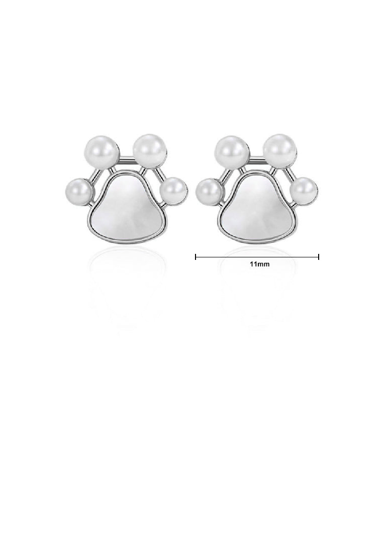 925 Sterling Silver Simple Cute Dog Paw Print Stud Earrings with Imitation Pearls