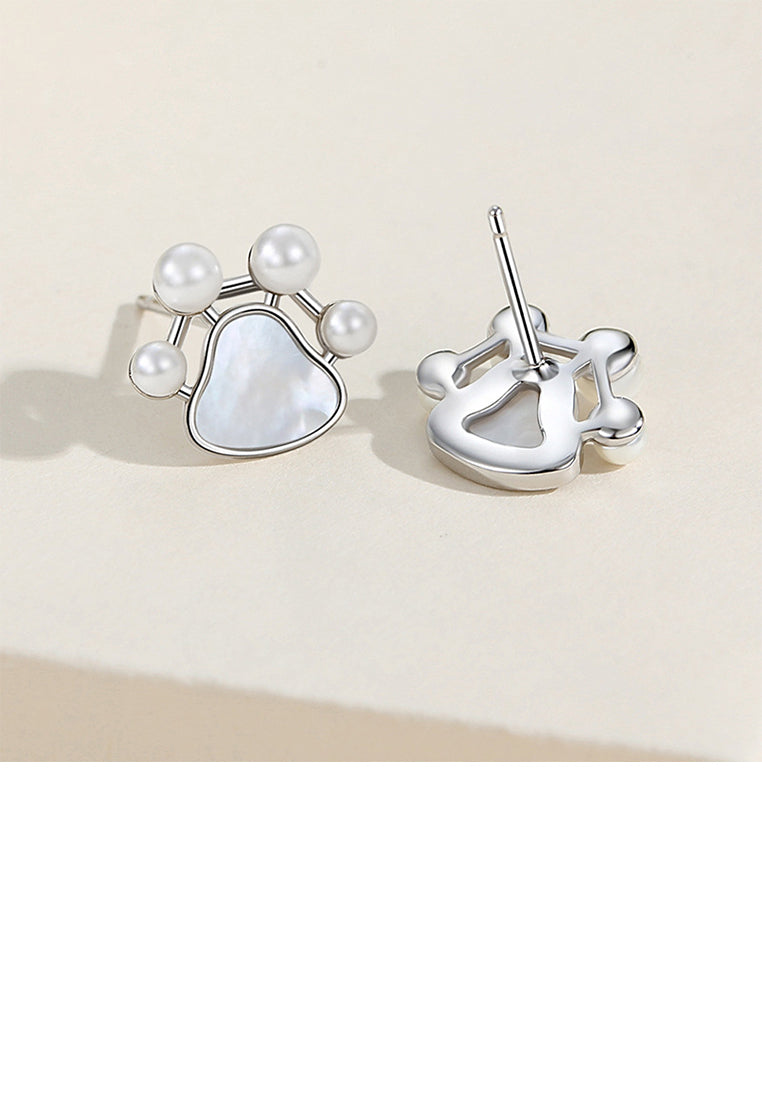 925 Sterling Silver Simple Cute Dog Paw Print Stud Earrings with Imitation Pearls