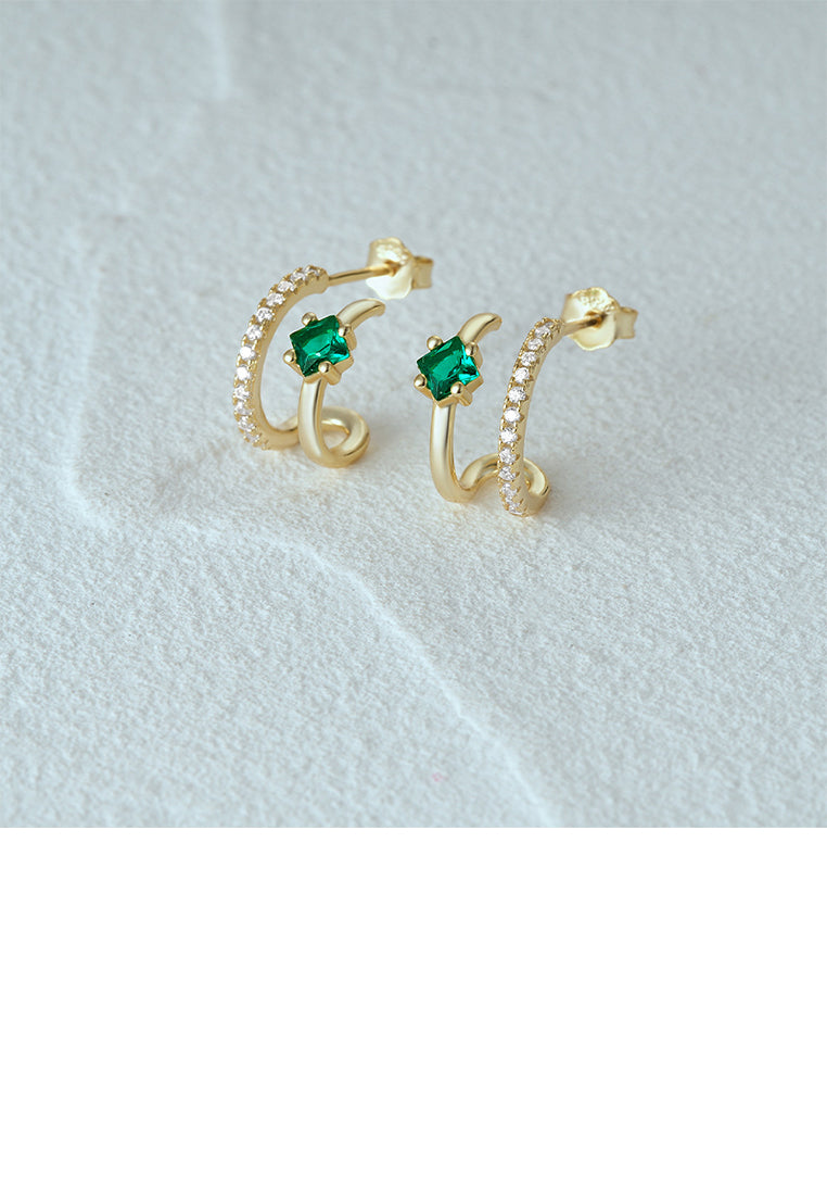 925 Sterling Silver Plated Gold Fashion Personality Line C-shaped Double-layer Geometric Stud Earrings with Cubic Zirconia - Luxurious Look