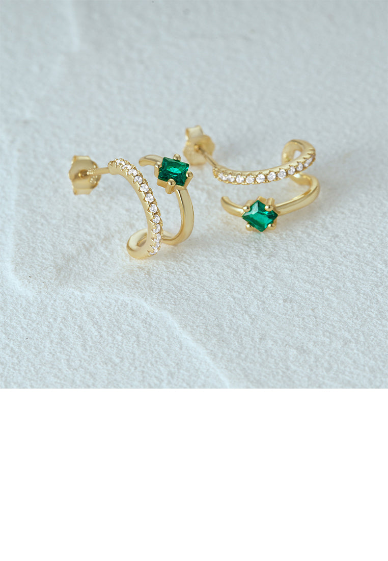 925 Sterling Silver Plated Gold Fashion Personality Line C-shaped Double-layer Geometric Stud Earrings with Cubic Zirconia - Luxurious Look