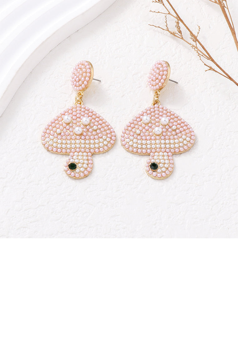 Fashion and Cute Plated Gold Mushroom Pink Ball Earrings - Vibrant Color
