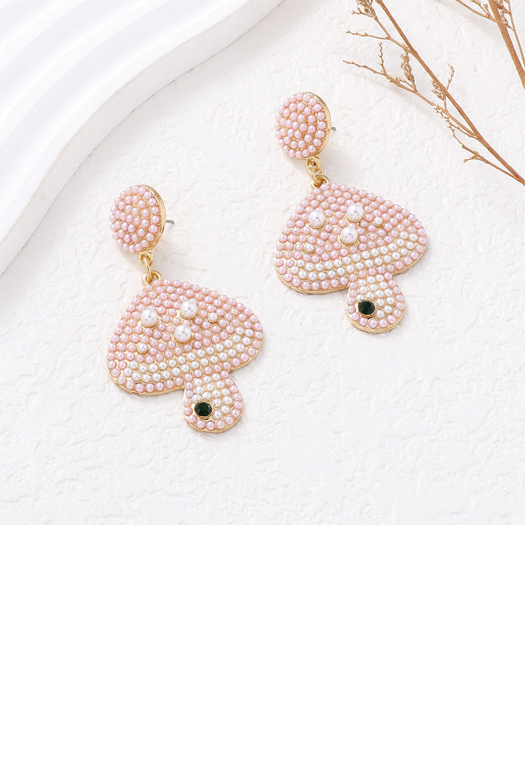 Fashion and Cute Plated Gold Mushroom Pink Ball Earrings - Vibrant Color