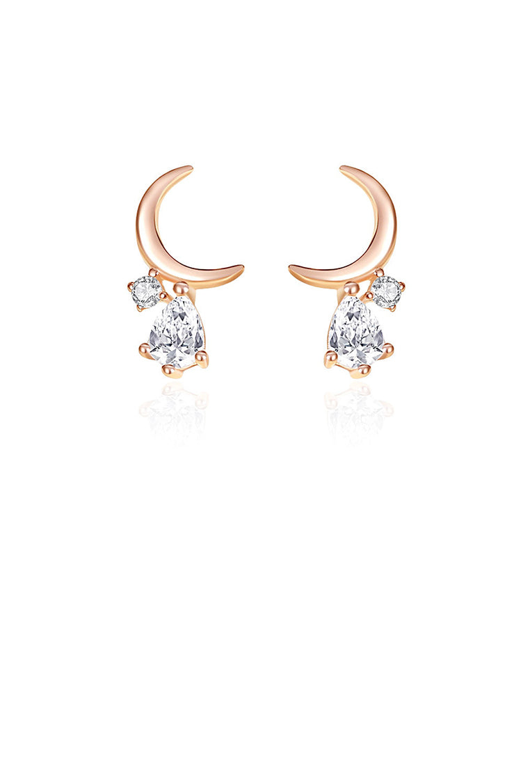 925 Sterling Silver Plated Rose Gold Simple Fashion Moon Stud Earrings with Cubic Zirconia - Luxurious Look