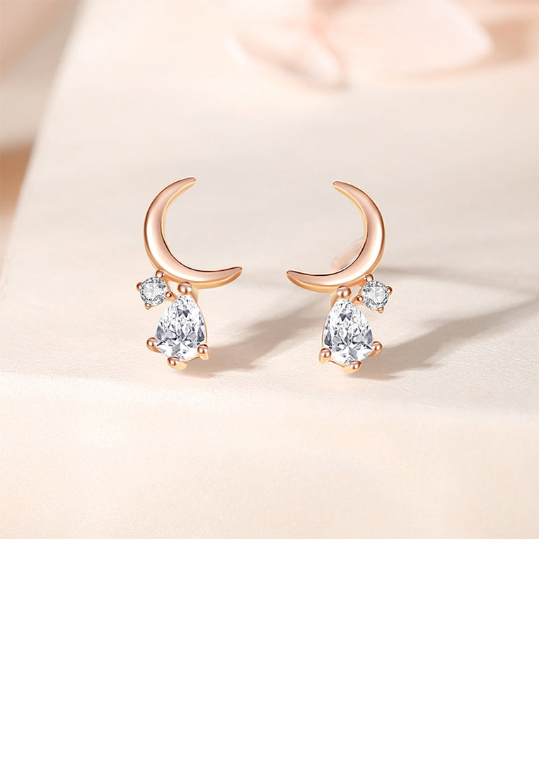 925 Sterling Silver Plated Rose Gold Simple Fashion Moon Stud Earrings with Cubic Zirconia - Luxurious Look