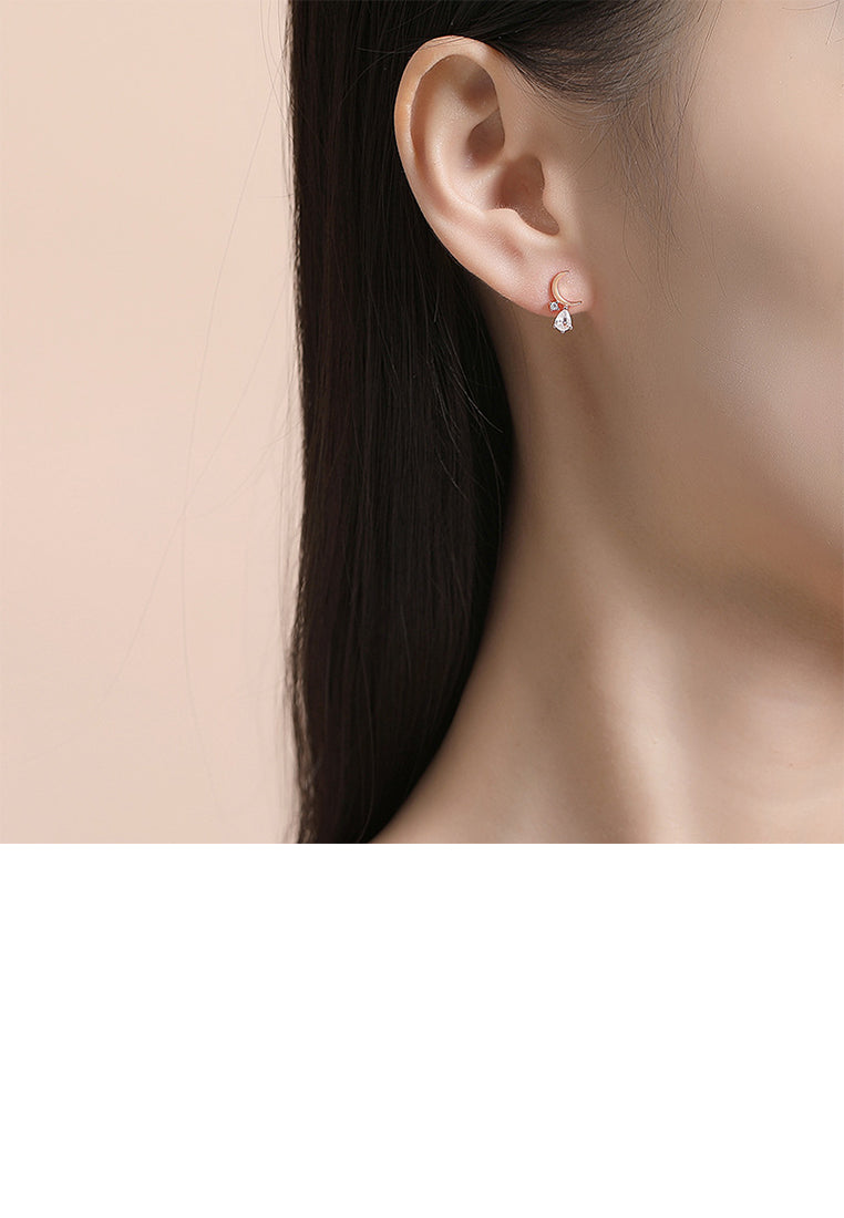 925 Sterling Silver Plated Rose Gold Simple Fashion Moon Stud Earrings with Cubic Zirconia - Luxurious Look