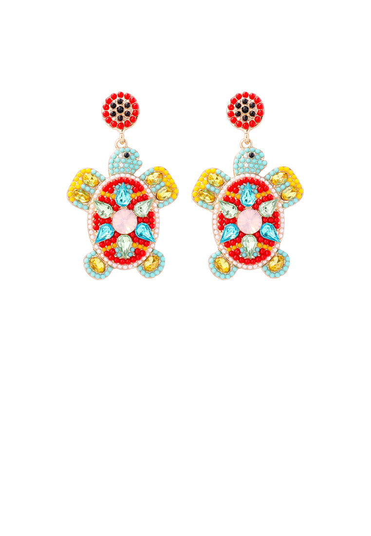 Fashion Cute Plated Gold Turtle Red Ball Earrings with Cubic Zirconia - Luxurious Look - Vibrant Color